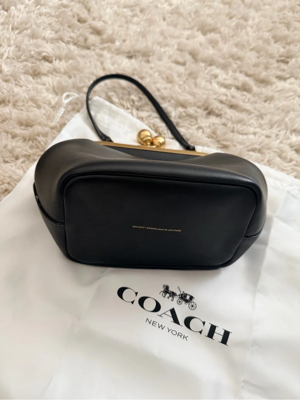 Coach Black Leather Kiss-Lock Wristlet with Gold Frame